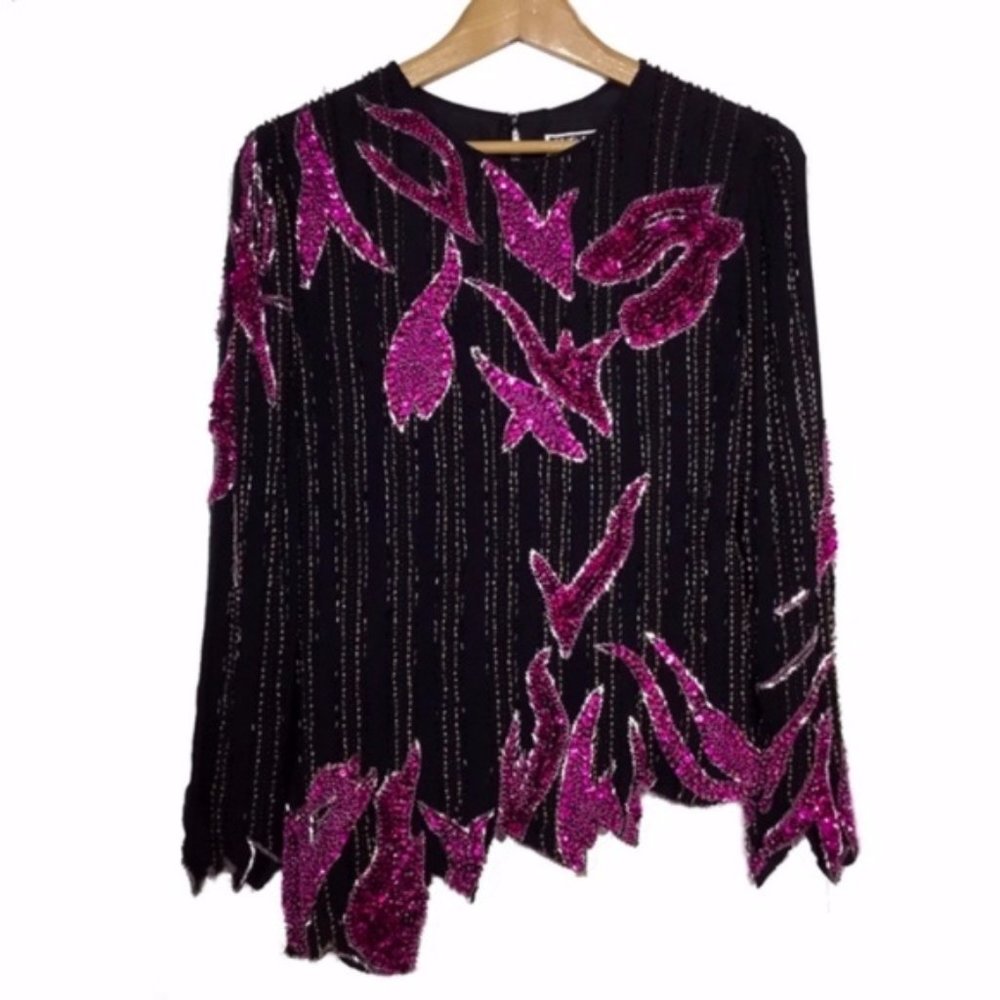 Vintage Art To Wear Sequin Beaded Black Pink Top